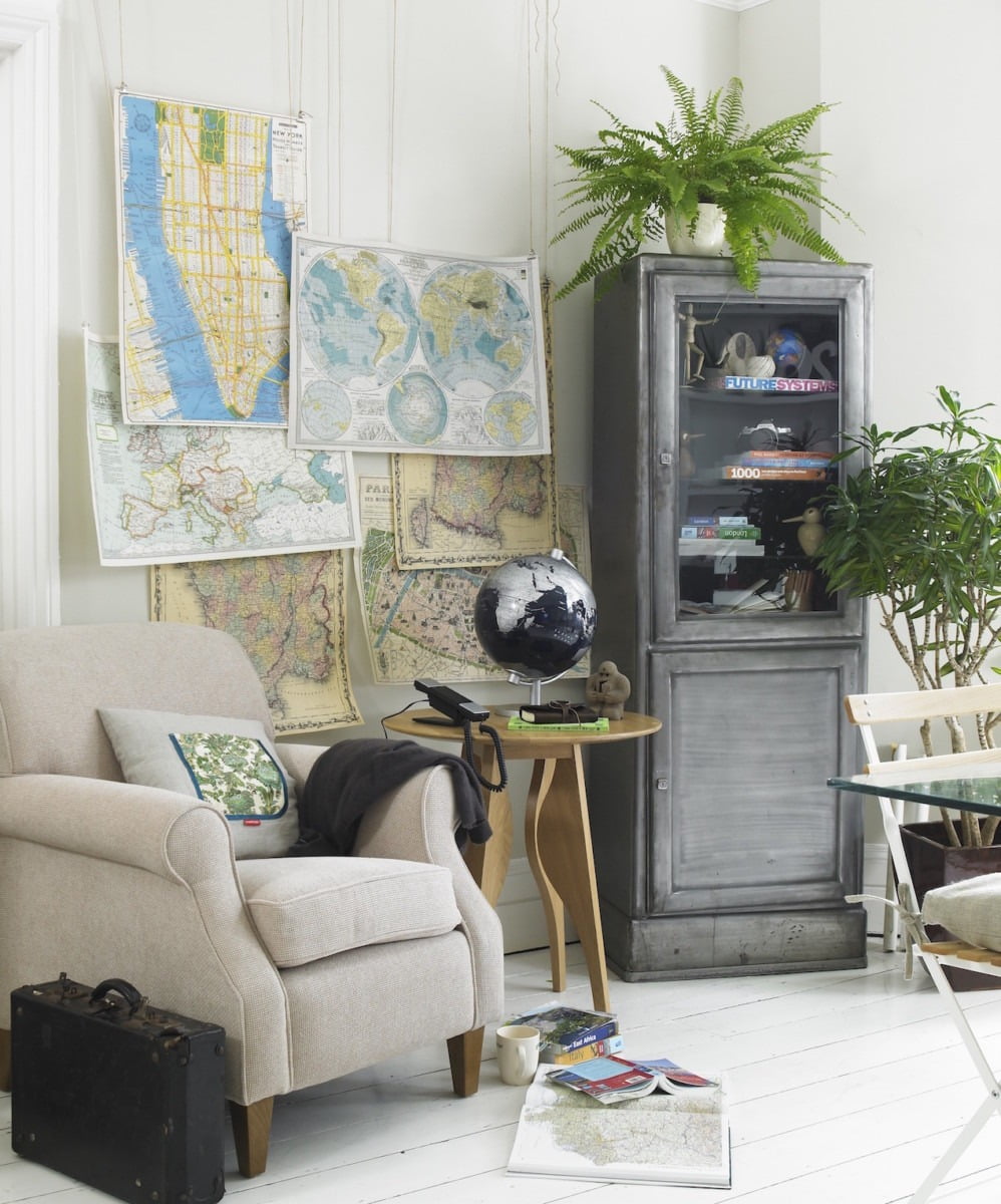 Love the look of Boho Modern which is taking over Pinterest but haven't a clue how can make it work in your own home? Ahh! Don’t sweat it! This is where I step in with my six key ideas on how you can recreate a Boho-Modern interior. We’re going to work this Boho Modern look but we’re going to a splash of practicality – all illustrated by shots from my magazine shoots. Let’s do this. Maxine Brady Stylist at WeLoveHomeBlog Living room with maps on a wall