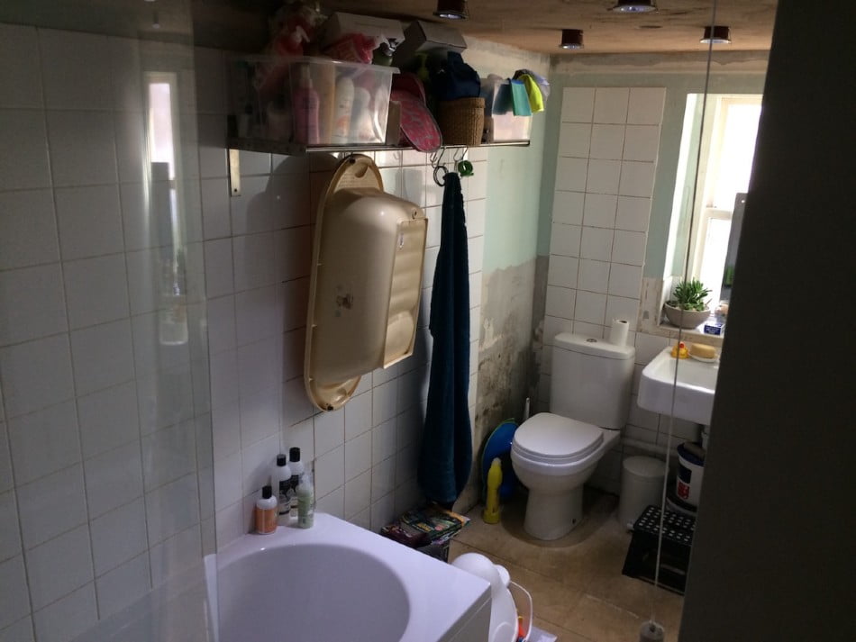 Is this my toughest makeover yet? My beautiful best friend, Nicola, has been living with this bathroom for SIX years. Yep, you read that right - six years with half-tiled walls, no flooring, a faulty bath and wonky shower head. Look at the dangling spotlights - ekk! I adore my best friend, and I wanted this hardworking mum-of-two to have the beautiful bathroom she deserves. Saying all that this bathroom makeover has to be one of my biggest challenges yet. I've donned my styling gloves, and set to work giving her the best bathroom makeover in possible the smallest-space-ever with the very generous help of Bathroom Takeaway and Tons of Tiles. Let me walk you through the planning stages and my ideas for the space. maxine brady welovehomeblog A before shot of the toilet and room