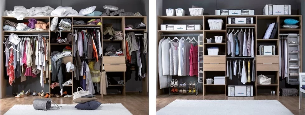 До и после гардероба с большим количеством стильных идей хранения вещей для аккуратного и опрятного дома.