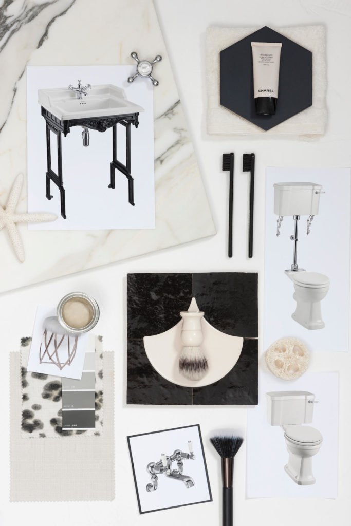 Looking for bathroom inspiration? Interior Stylist Maxine Brady shares 3 modern ivory bathroom looks that you can try out in your home. Modern bathroom with ivory suite, marble tiles and black and white details.