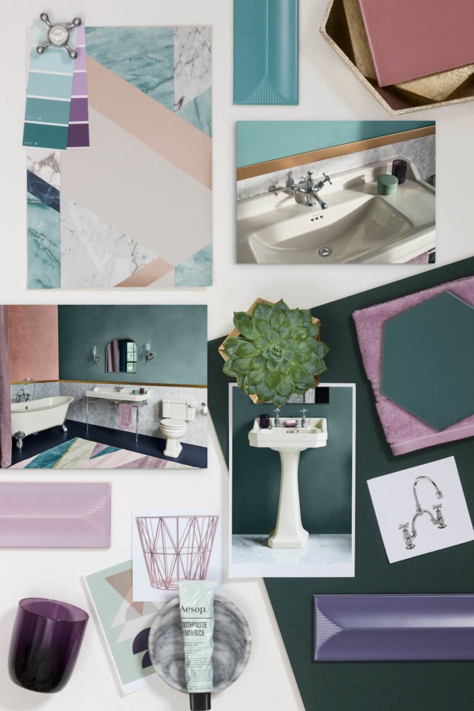 Looking for bathroom inspiration? Interior Stylist Maxine Brady shares 3 modern ivory bathroom looks that you can try out in your home. Purple bathroom with marble, geometric tiles, copper accessories and green walls
