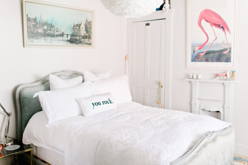 Be the first to see the plans for my bedroom makeover- (hint it has a coral wallpaper!) Pink and white bedroom with flamingo print