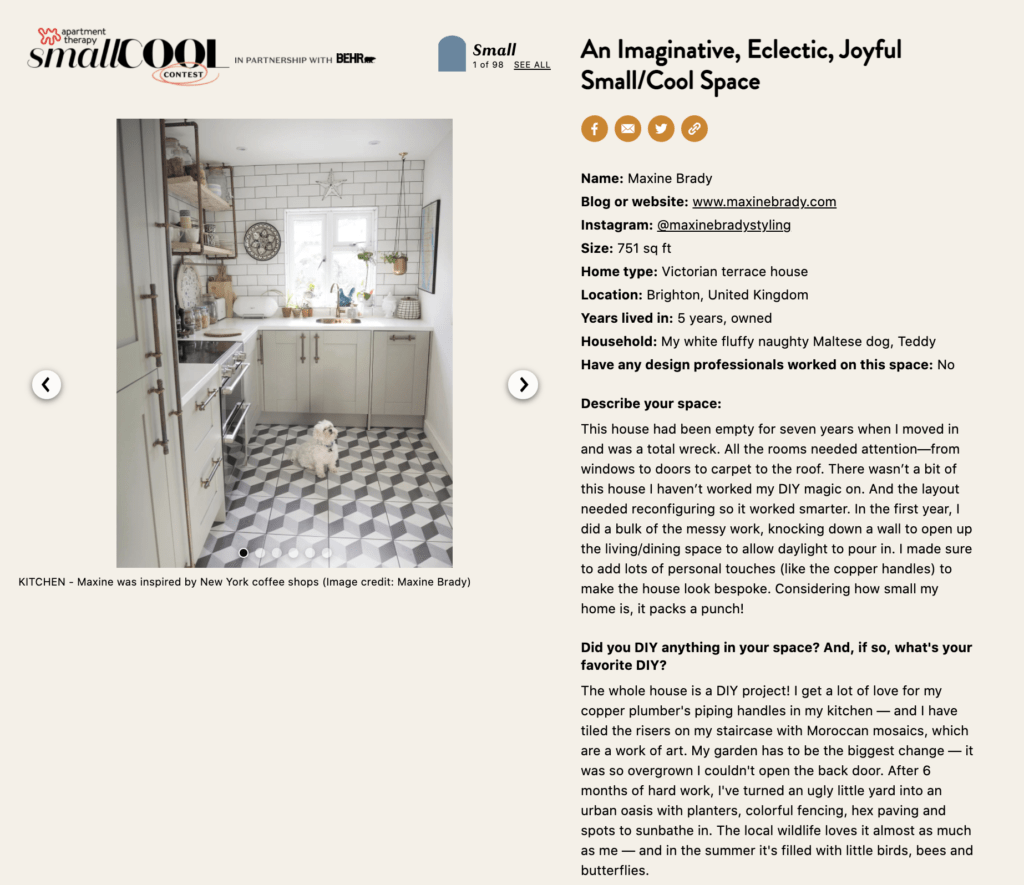Interior Stylist Maxine Brady is shortlisted by style bible - Apartment Therapy SMALL COOL awards 2021.